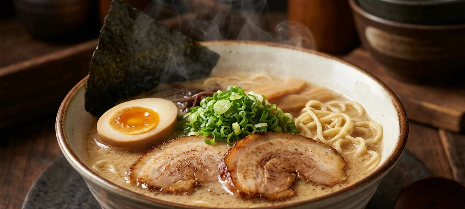 Dampfende Schüssel Ramen mit Chashu, mariniertem Ei, Nori und Frühlingszwiebeln