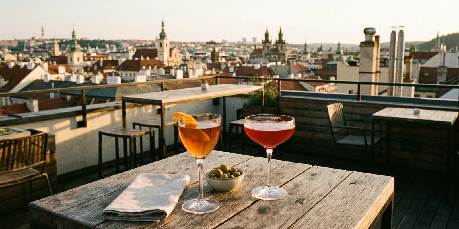 Rooftop-Terrasse mit Cocktails und Blick über die Dächer Wiens bei Sonnenuntergang