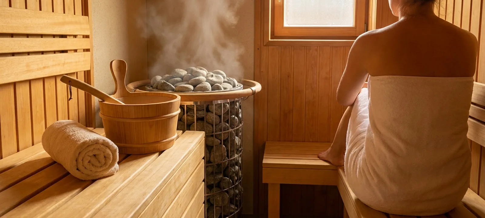 Warmes Interieur einer finnischen Sauna mit Holzbänken, Saunaofen und Aufgusskübel