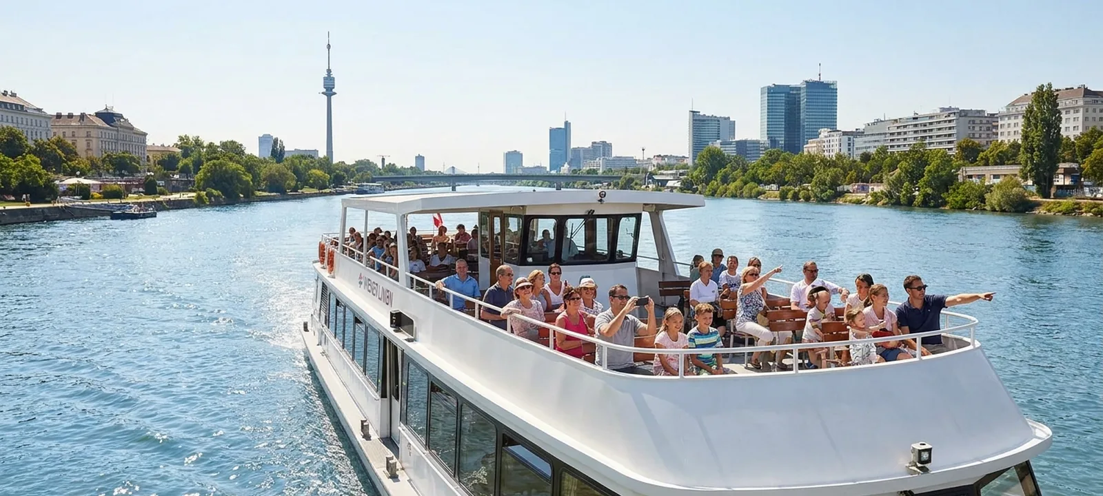 Ausflugsschiff auf der Donau in Wien mit Stadtpanorama im Hintergrund