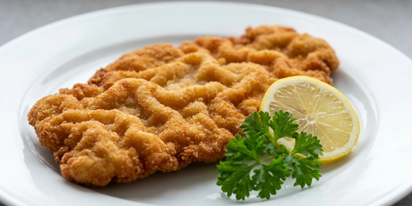 Goldgelb paniertes Wiener Schnitzel mit Zitrone und Petersilie