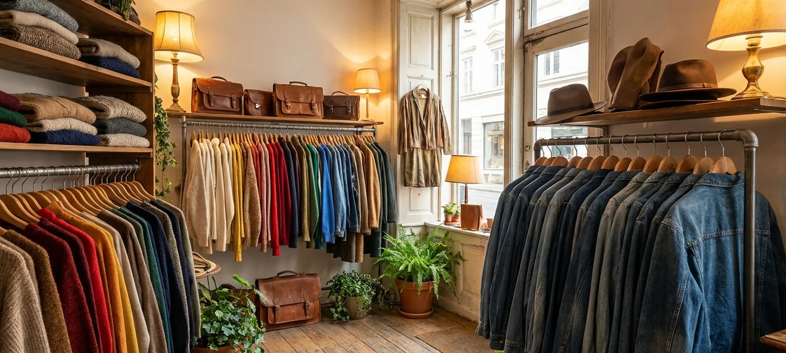 Kleiderstange mit bunter Vintage-Kleidung in einem Secondhand-Shop