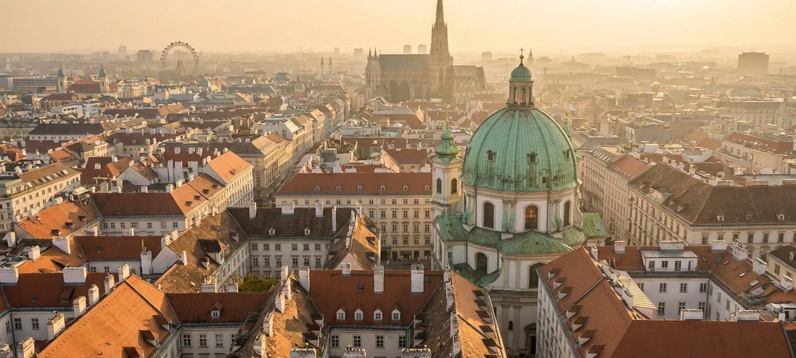 Blick über die Dächer der Wiener Altstadt mit barocken Kuppeln und gotischen Türmen im Abendlicht