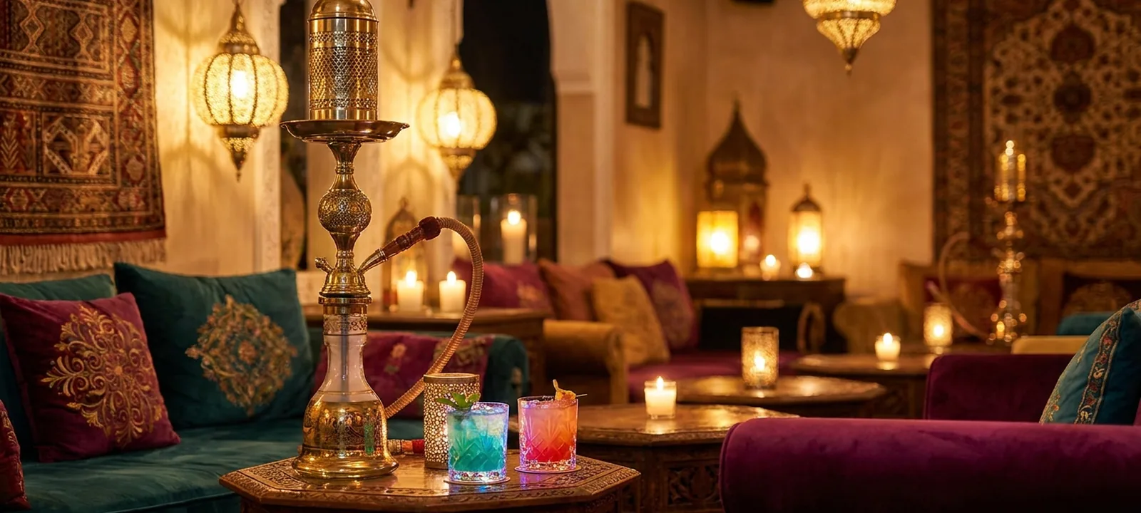 Gemütliche Shisha-Lounge mit Wasserpfeifen, Sofas und stimmungsvollem Licht