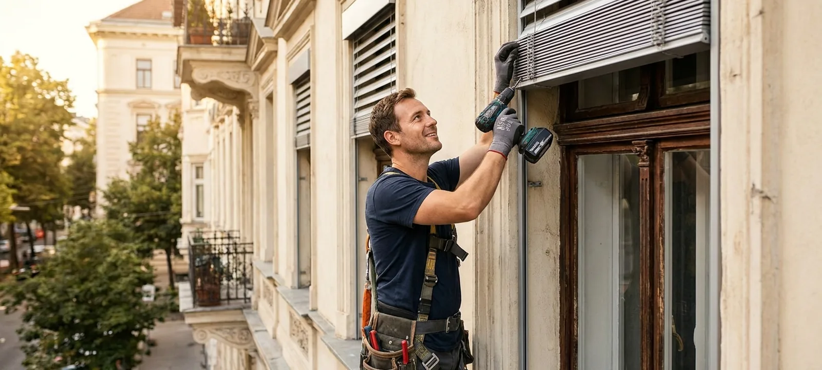 Techniker montiert eine Außenjalousie an einer Wiener Altbau-Fassade