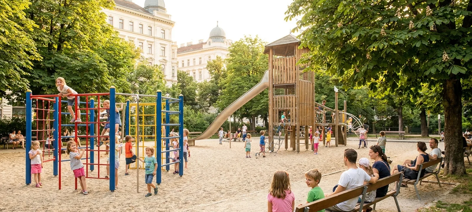 Kinder klettern und rutschen auf einem sonnigen Spielplatz im Grünen