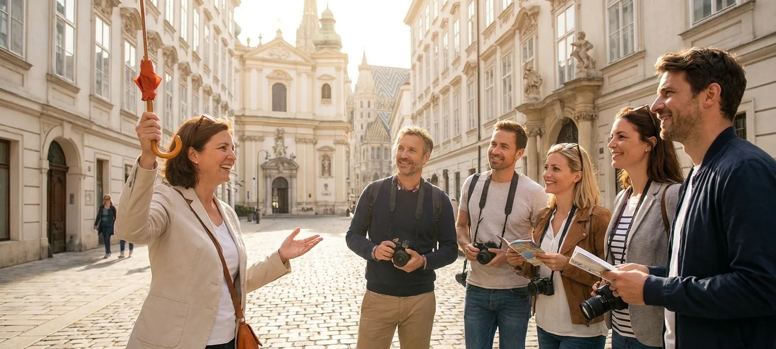 Stadtführerin mit einer Besuchergruppe vor historischer Kulisse in der Wiener Altstadt