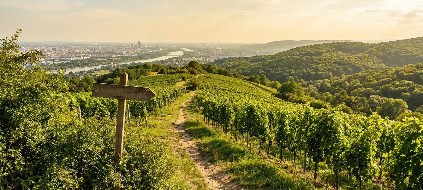 Wanderweg durch Weinberge und Wienerwald mit Blick über Wien im warmen Licht
