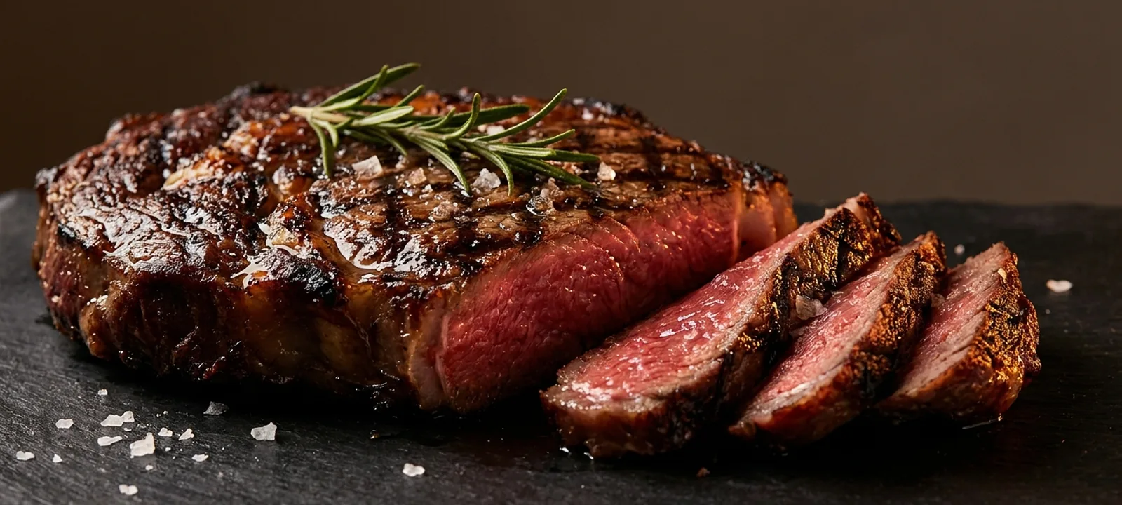 Perfekt gegrilltes, medium-rare aufgeschnittenes Steak mit Kruste und Grillstreifen