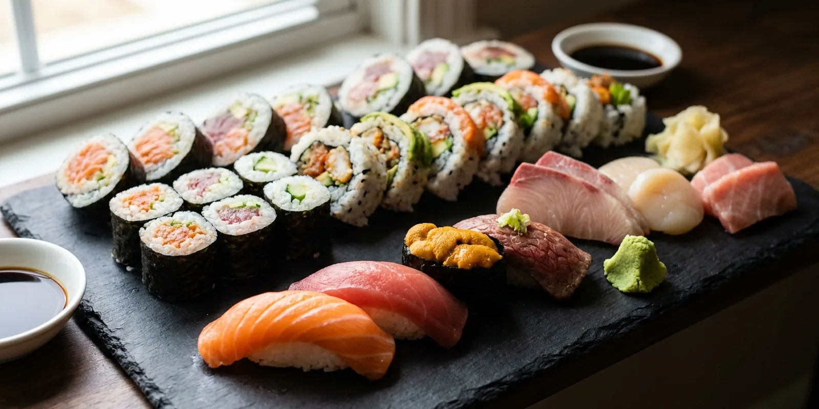 Reich angerichtete Sushi-Platte mit Nigiri, Maki und Sashimi