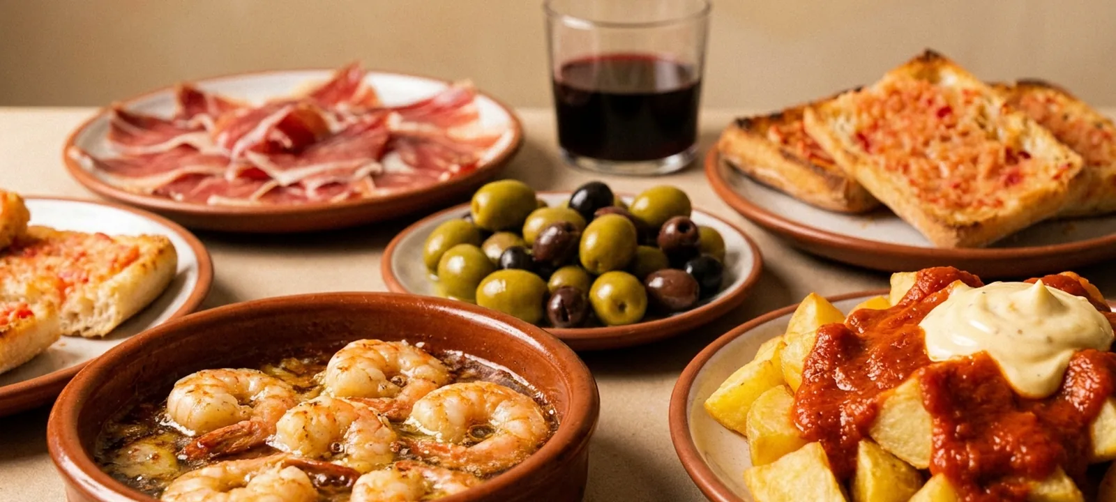 Auswahl spanischer Tapas: Patatas bravas, Gambas, Ibérico-Schinken, Oliven und Pan con tomate