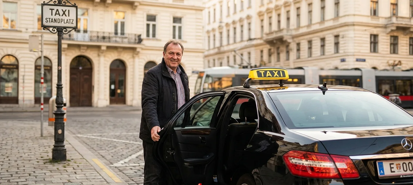 Taxifahrer öffnet die Tür eines Wiener Taxis mit gelbem Taxi-Schild am Taxistandplatz