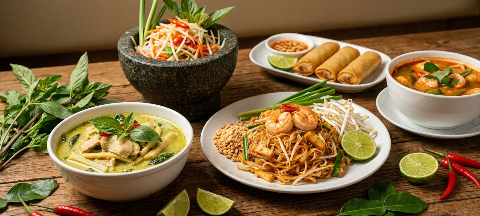 Thailändisches Curry, Papayasalat und Frühlingsrollen auf einem Tisch