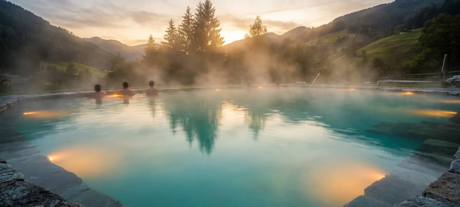 Dampfendes Thermalbecken bei warmem Abendlicht mit ruhiger Wasseroberfläche