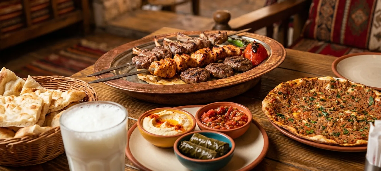 Türkische Meze und Grillspezialitäten mit Fladenbrot auf einem Tisch
