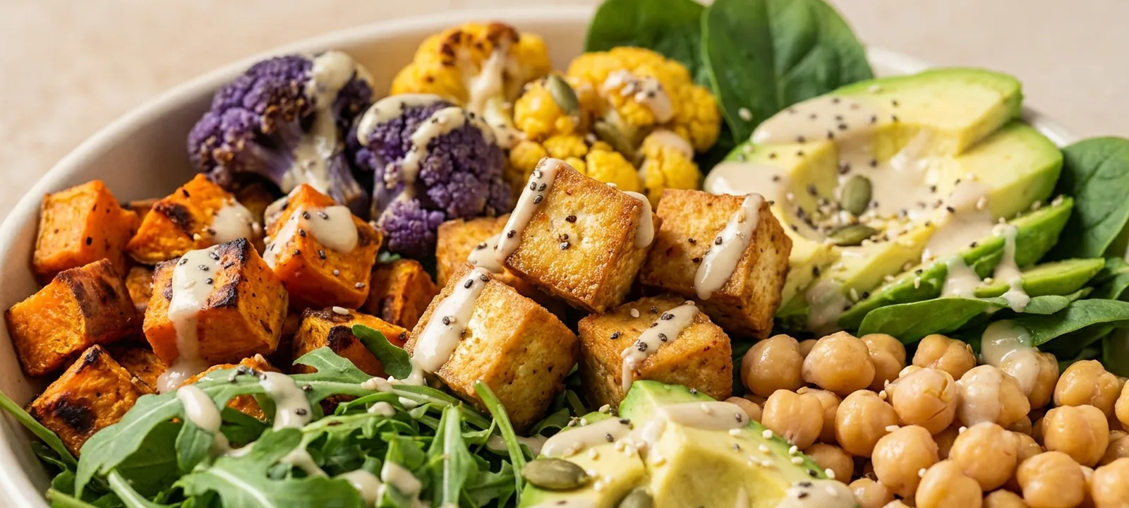 Buntes veganes Gericht mit gebratenem Gemüse, Hülsenfrüchten, Blattsalat und cremigem Dip