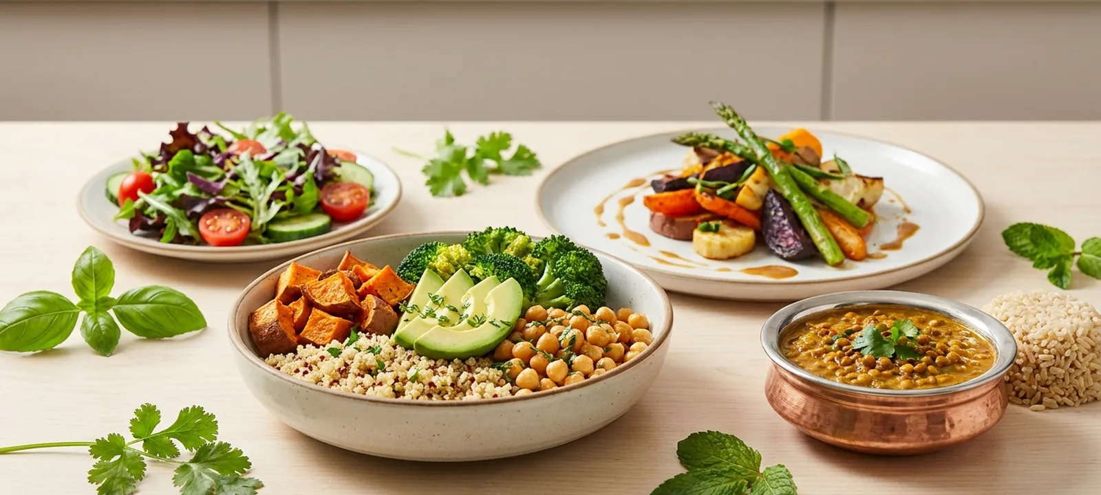 Bunte vegetarische Gerichte mit Gemüse, Salaten und Bowls auf einem Tisch