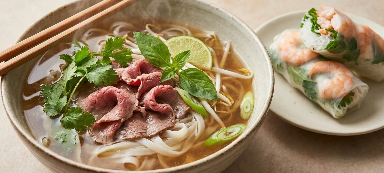 Dampfende Schüssel Pho Bo mit Reisnudeln, Rindfleisch, frischen Kräutern und Limette