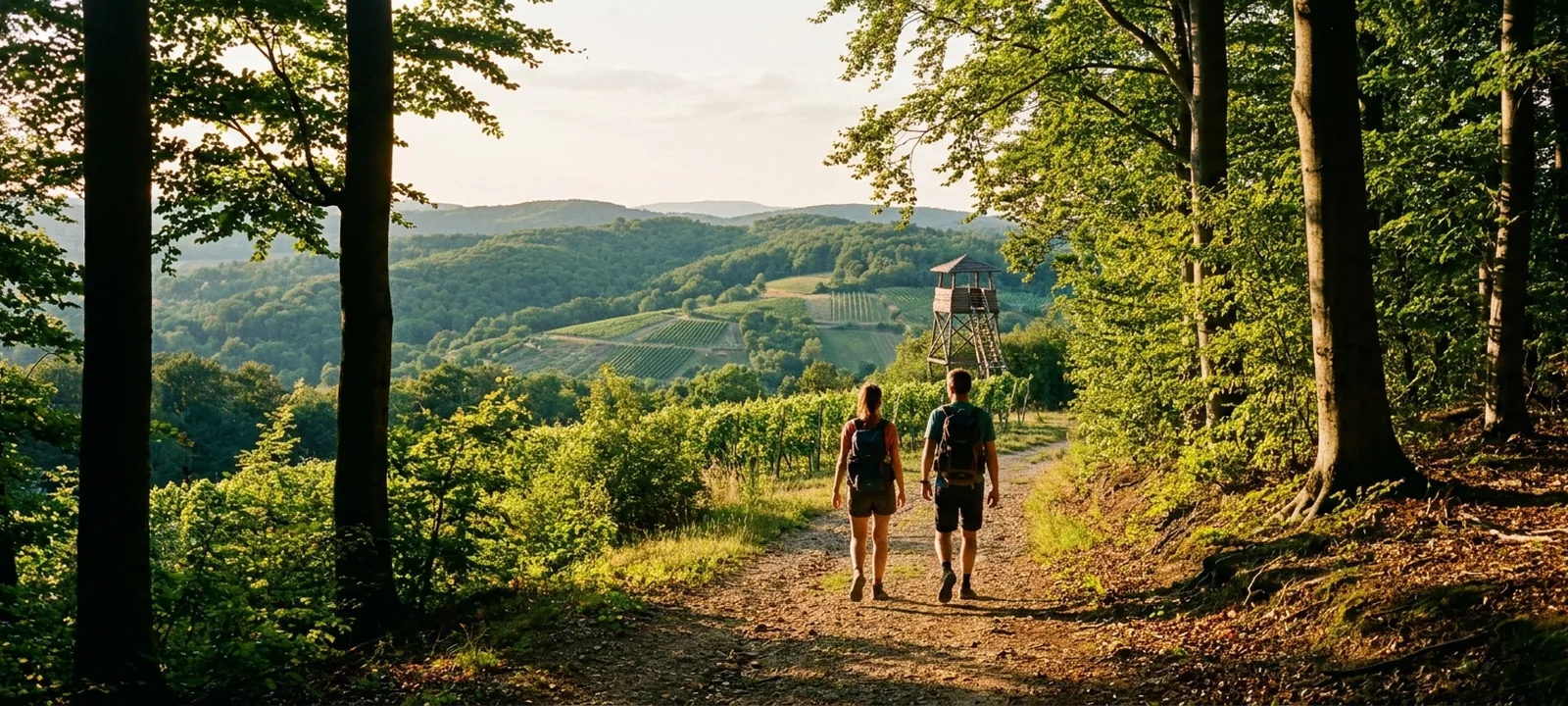 Wanderweg durch den sommerlichen Wienerwald mit Buchenwald und Aussicht