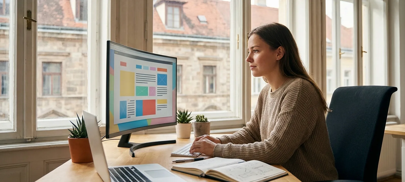 Webdesignerin arbeitet an einem Website-Layout am Monitor in einem hellen Büro