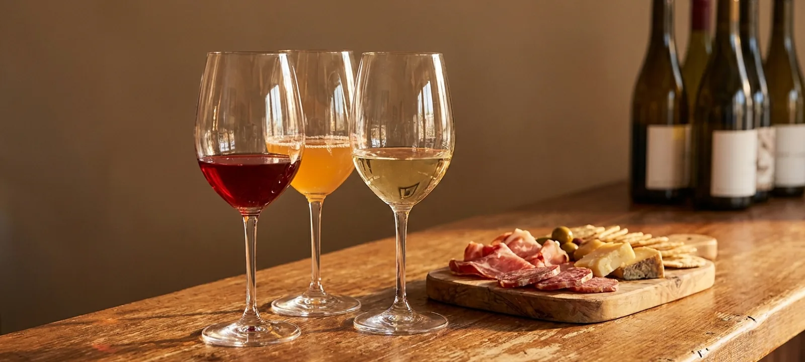 Gläser mit Rot-, Weiß- und Orangewein an einer Weinbar, dazu eine Käse- und Wurstplatte