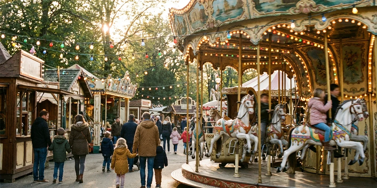 Buntes Karussell in einem Vergnügungspark im Abendlicht