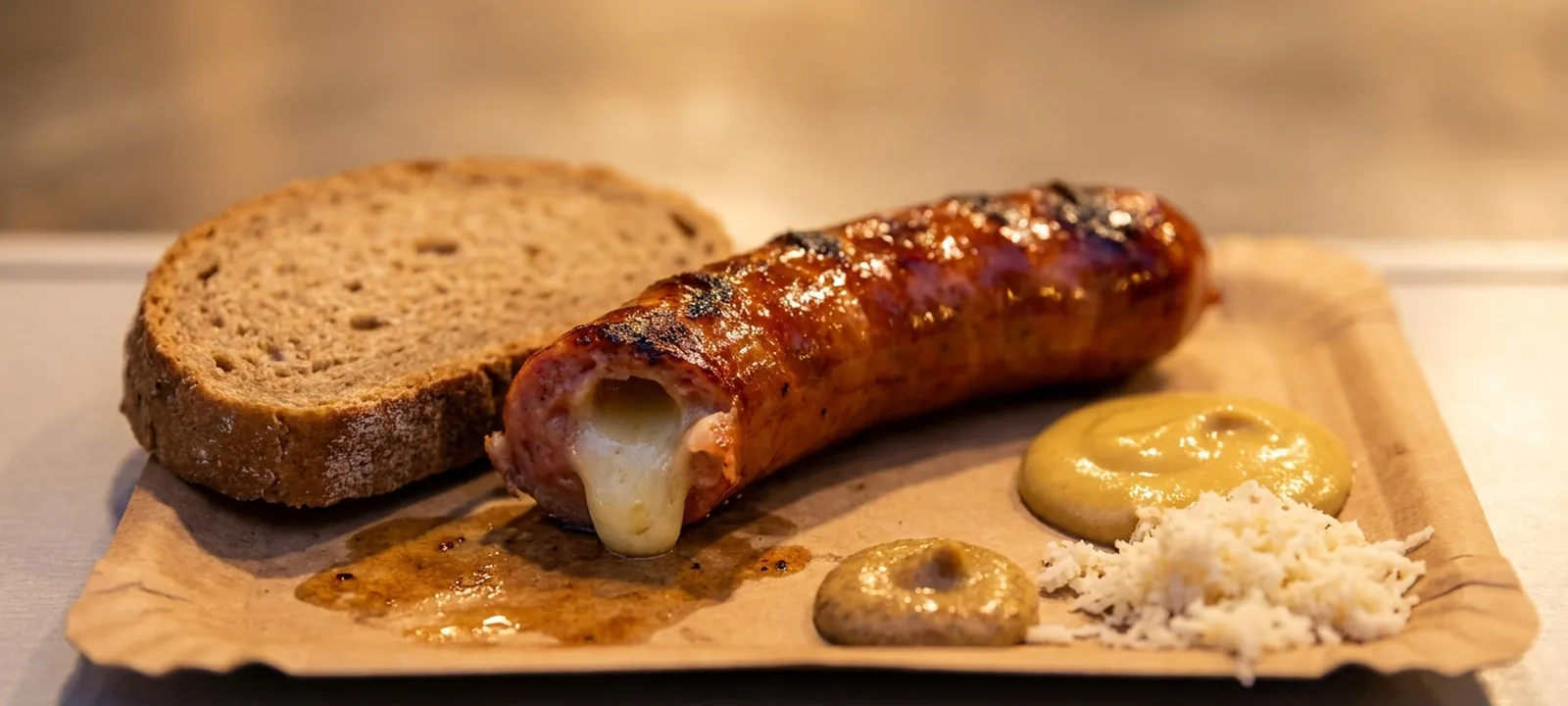 Aufgeschnittene Käsekrainer mit schmelzendem Käse, Senf, Kren und Gebäck