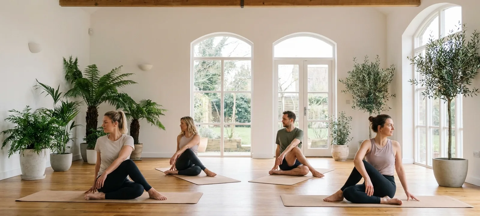 Yoga-Gruppe auf Matten in einem hellen, ruhigen Yoga-Studio